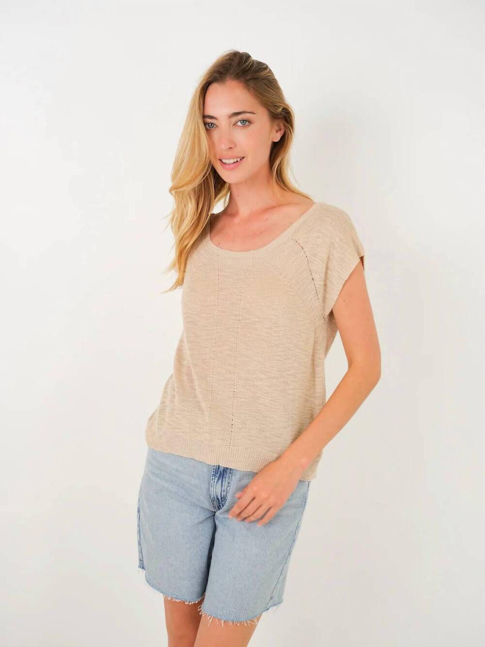 NEW STITCHDROP karlie stitch cotton short sleeve sweater top in taupe